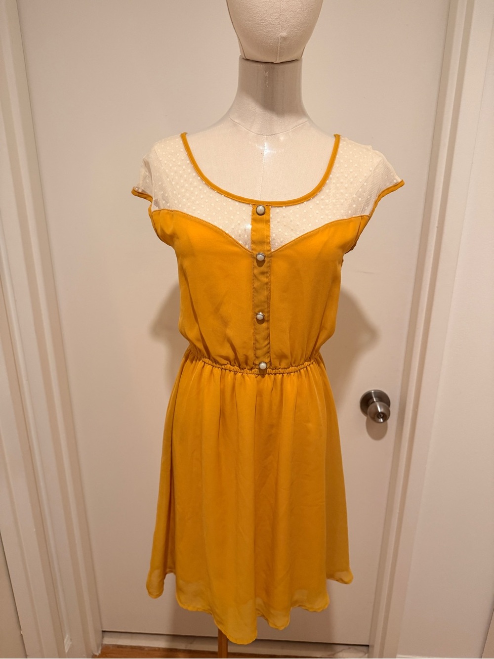 Sunny Mustard Midi Dress with Ivory Sheer Yoke